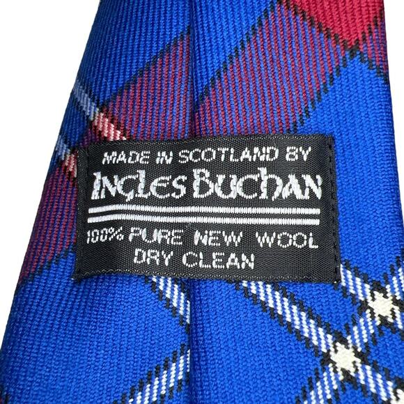 Ingles Buchan Tie in 100% Pure New Wool Plaid in Blue Red White Made in Scotland - Picture 3 of 3